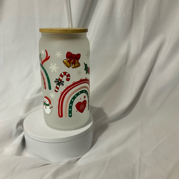 $15 SALE 16 Oz Handmade Frosted Glass Can Cup w/Lid & Straw, Retro Christmas - Picture 5 of 7